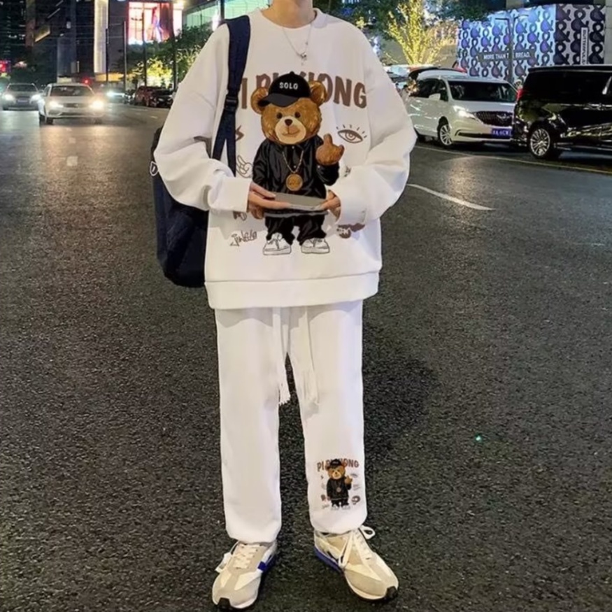 Mới Bộ Áo Sweater Tay Dài bộ quần áo nam Dáng Rộng In Họa đồ bộ nam Tiết Hoạt Hình Đơn Giản Phong Cách Hàn Quốc bộ thể thao nữ Thời Trang bộ Nam Nữ