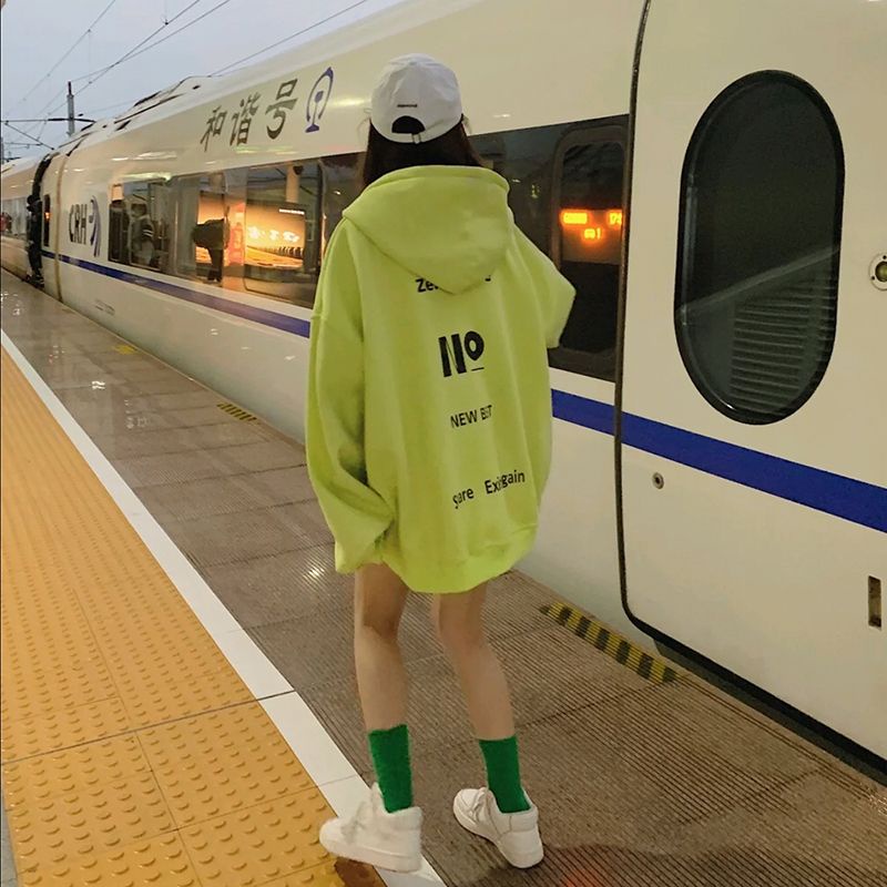Áo Hoodie Dáng Rộng Màu Xanh Lá Dạ Quang Phong Cách Thời Trang Thu Đông Mới