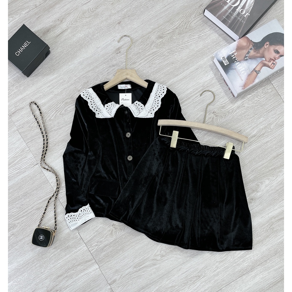 Set chân váy nhung ren cổ bèo tiểu thư đồ bộ nữ thu đông | BigBuy360 - bigbuy360.vn