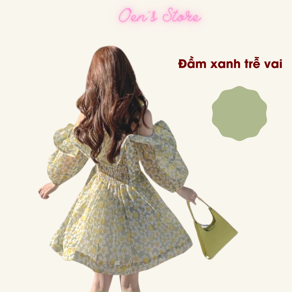 Đầm hoa trễ vai OEN'S STORE, đầm dáng xoè đi biển