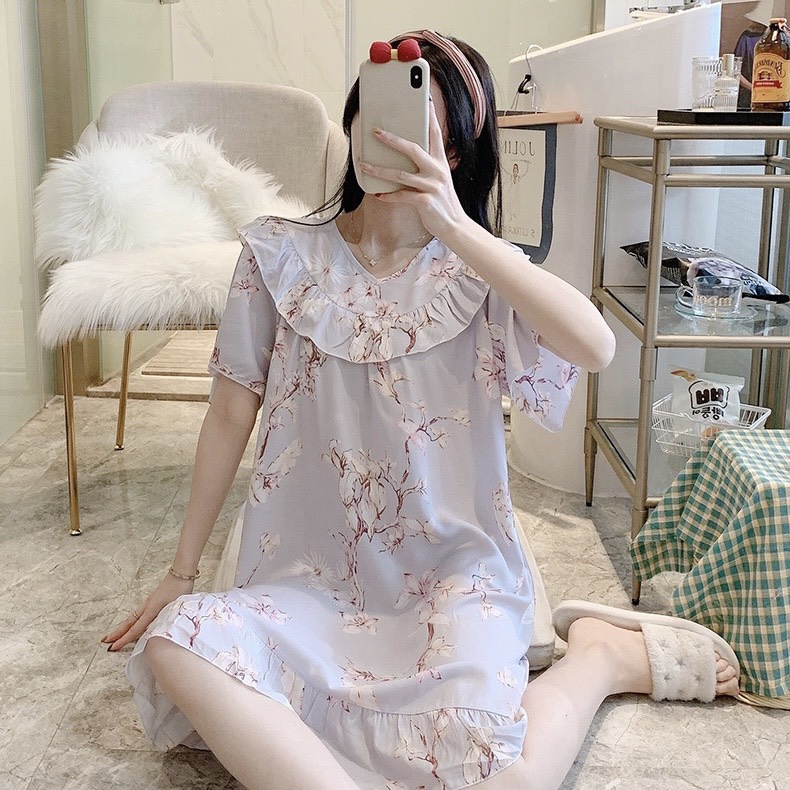 Váy mặc nhà nữ tiểu thư cộc tay cổ bèo dễ thương, váy ngủ đuôi cá họa tiết hoa lá mùa xuân hè chất lụa tici JALJA Vay02