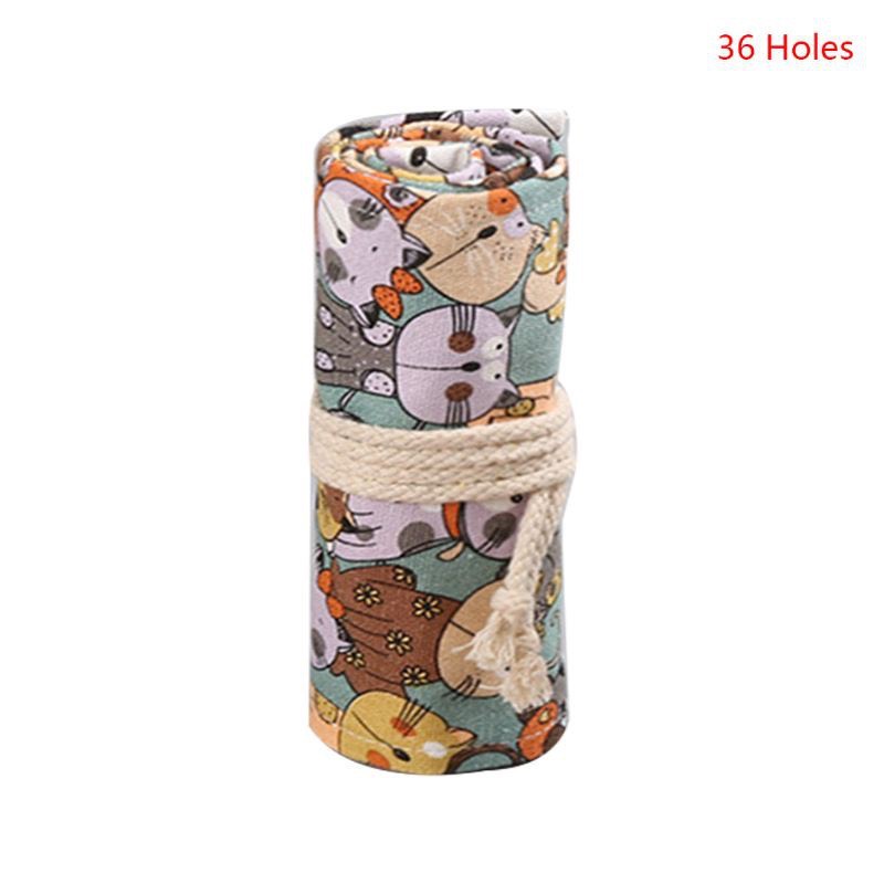 Túi cuộn đựng bút chì/dụng cụ trang điểm 24/36/48/72 ngăn bằng vải bố họa tiết mèo hoạt hình