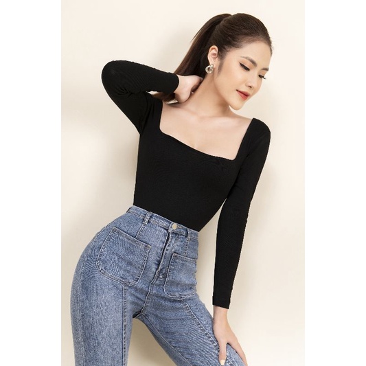 Áo bodysuit Rosie dài tay cổ vuông CECCI màu đen