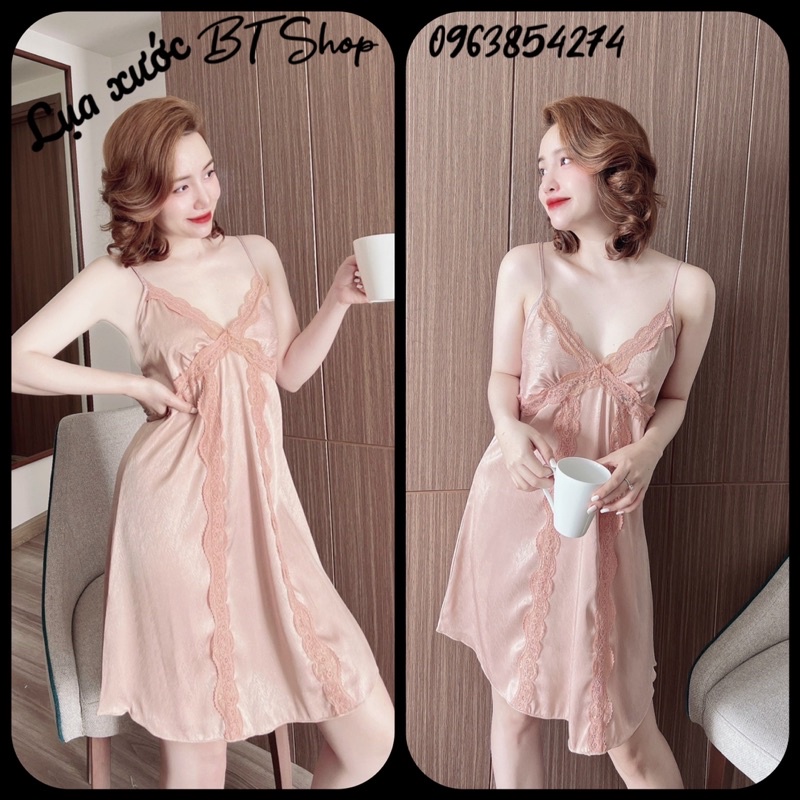 Váy đầm ngủ mặc nhà lụa 2 dây trơn freesize 42-57kg