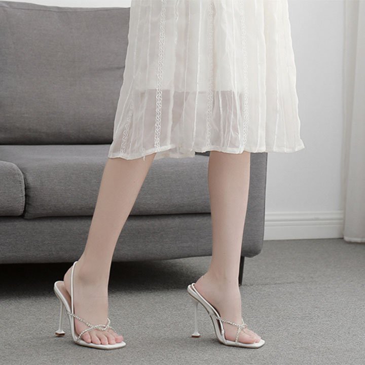 Giày sandal cao gót nữ quai chéo đính đá phối quai kẹp trong suốt-Giày cao gót 8cm-Giày nữ da mềm gồm 2 màu- Linus LN303