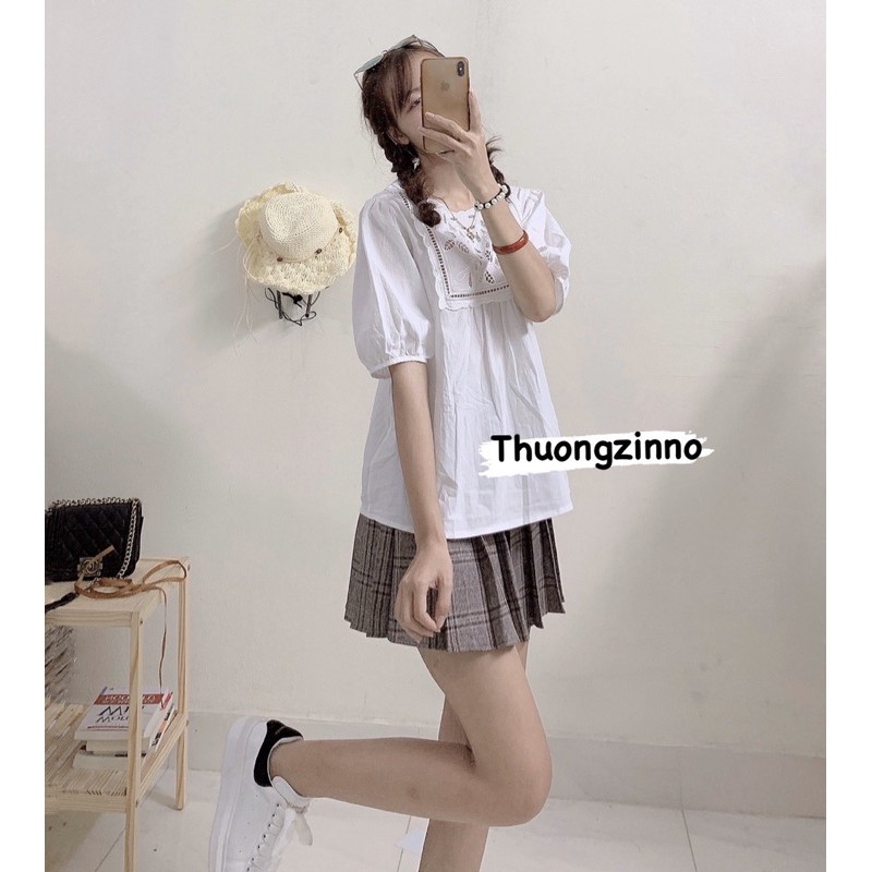 [Ảnh thật/Video] Áo sơ mi trắnh cổ thêu hoa tay bồng nhẹ nhàng kiểu dấng Hàn Quốc