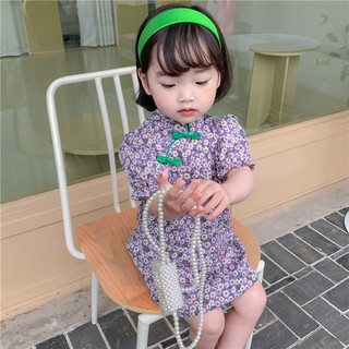 Đầm sườn xám vải voan in hoa kiểu retro trung hoa xinh xắn cho bé gái