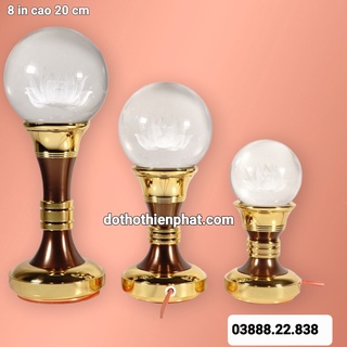 Đèn thờ led pha lê quả cầu sen nguyên khối đế đồng vàng đổi màu cao cấp – 8in cao 20 cm