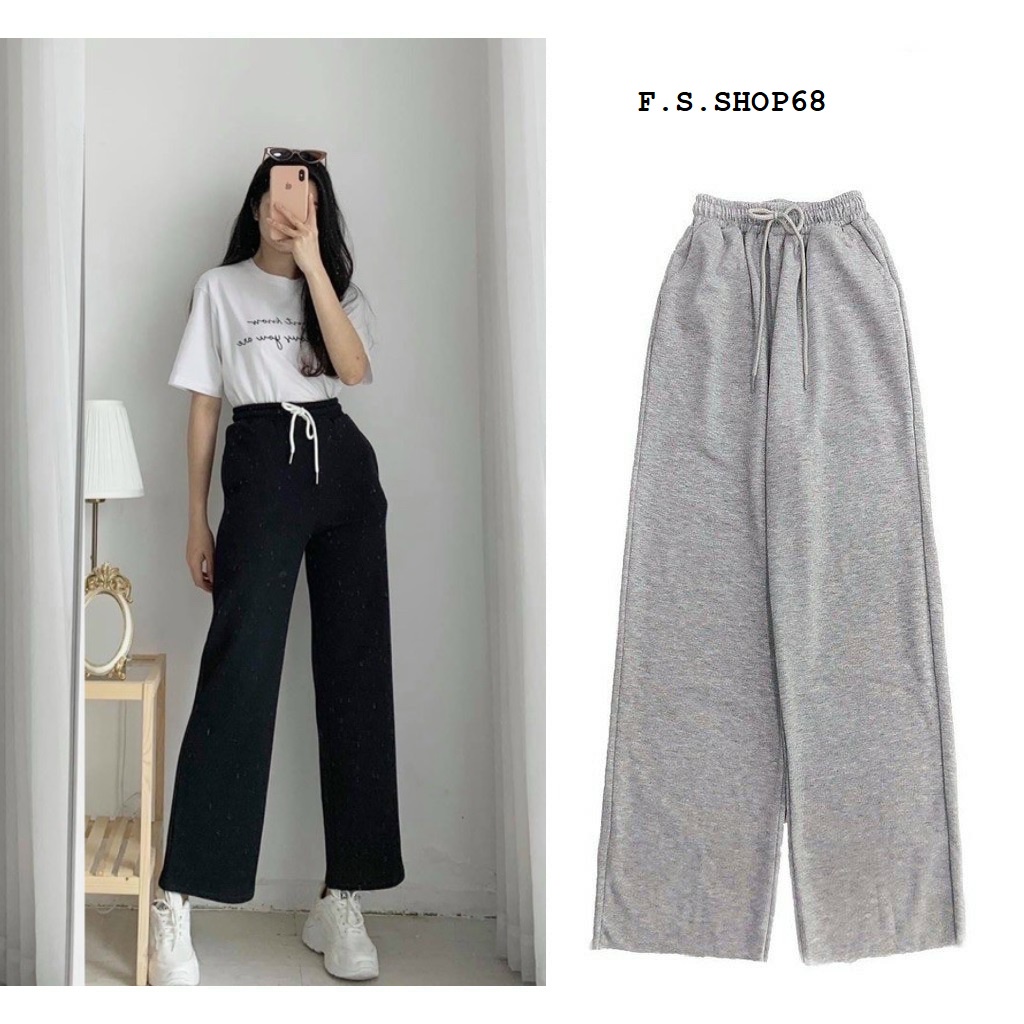 Quần Ống Suông Lưng Cao Unisex Chất Vải Thun Da Cá - Quần Ống Rộng Nỉ 2 Màu Đen Xám
