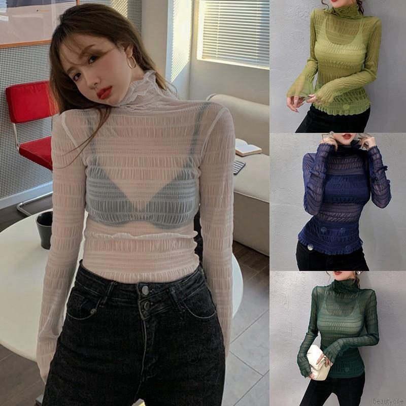 Áo thun dáng ôm tay dài cổ lọ thiết kế xuyên thấu thời trang quyến rũ cho nữ