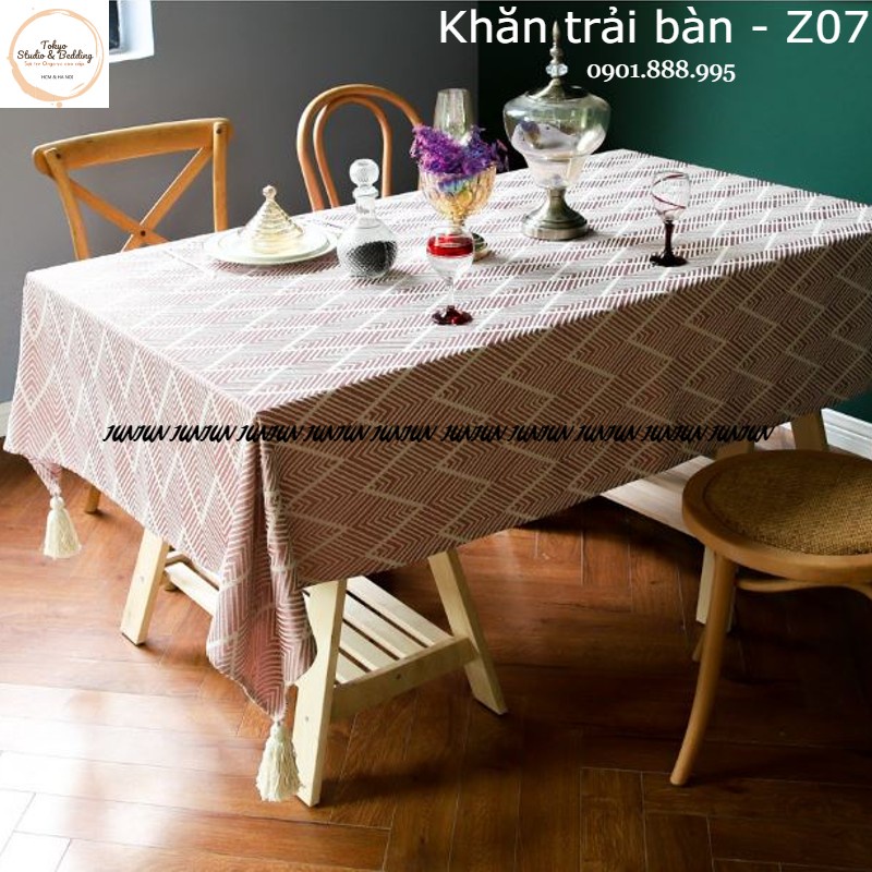 K5_Khăn trải bàn Cao Cấp có tua hình vuông/chữ nhật chất liệu cotton 100% Phong cách Bắc Âu