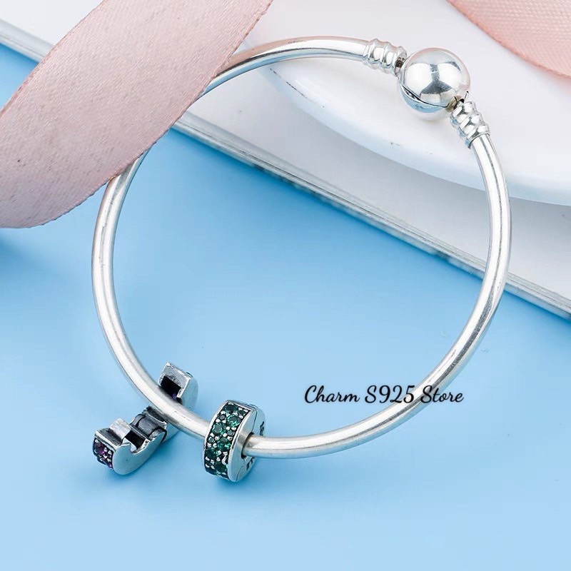 charm pan khoá chặn clip đính đá xanh bạc s925 cao cấp