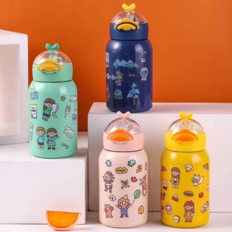 Bình giữ nhiệt GOOD DUCK vịt vàng, ruột inox 316 an toàn cho bé, có ống hút, stiker dán siêu kute, dung tích 400ml
