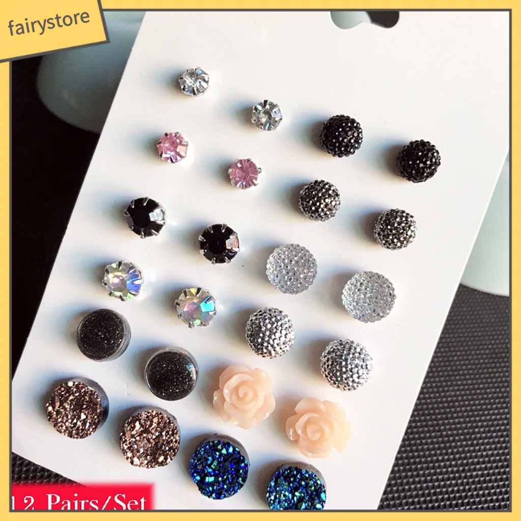 12 Đôi Khuyên Tai Kim Loại Đính Đá Màu Thời Trang Cho Nữ