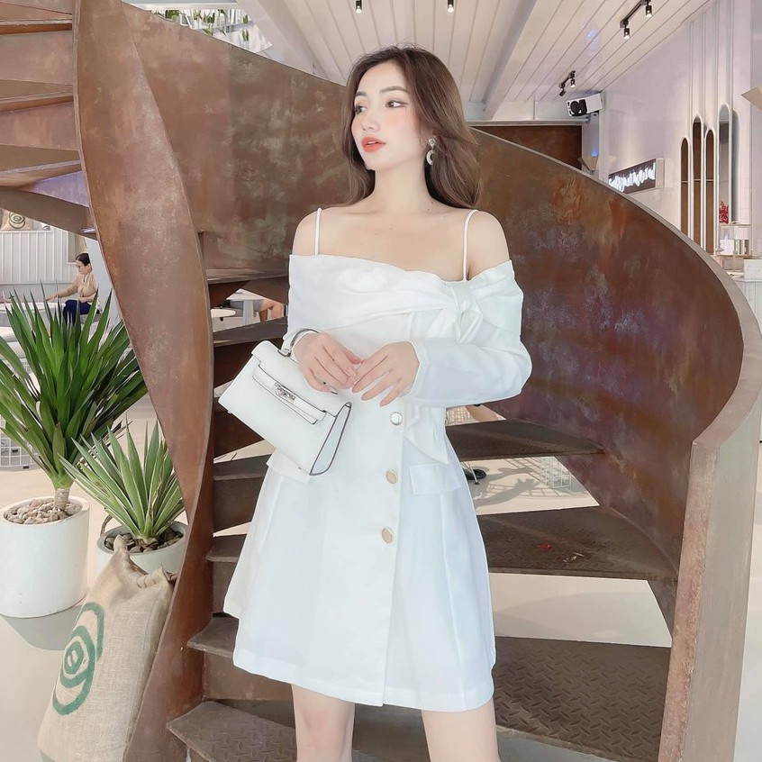 [Hàng thiết kế cao cấp] Đầm xòe trễ vai phối nơ màu trắng - Đen sang trọng váy dự tiệc dạo chơi | BigBuy360 - bigbuy360.vn