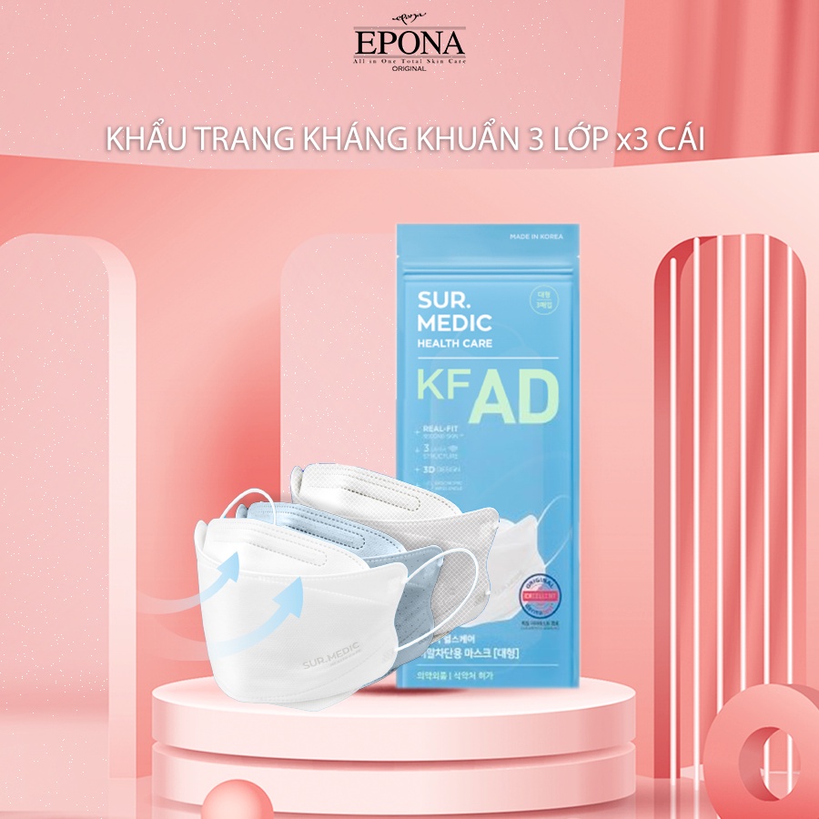 Khẩu Trang EPONA SURMEDIC Nano ion 3 Lớp Kháng Khuẩn KF-AD 99,99% - 3 cái/túi zip