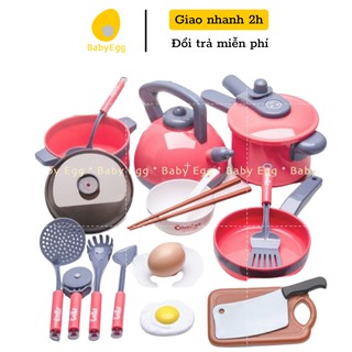 Bộ đồ chơi nấu ăn cho bé gái màu hồng giống thật bát đũa bếp thìa dao nồi áp suất ấm nước cho bé 2 3 4 5 6 7 8 9 tuổi