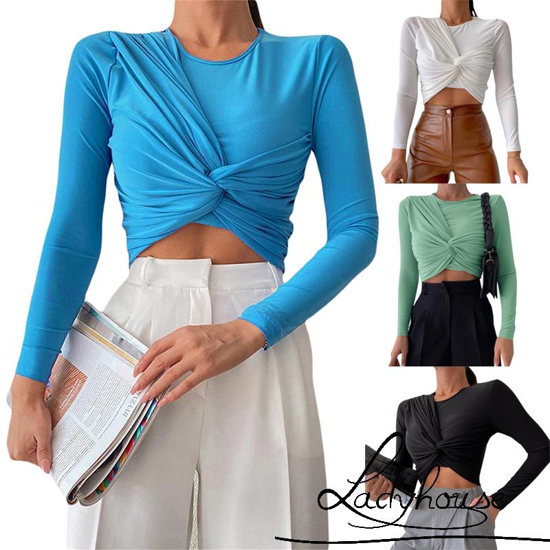 Áo thun tay dài cổ tròn màu trơn thời trang xuân hè cho nữ