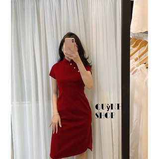 [kem hinh that]đầm sườn xám đỏ nút trắng chất nhung 2 da siêu sang