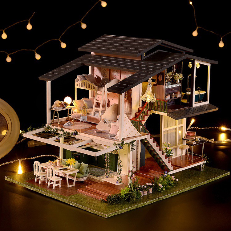 Mô hình nhà DIY Doll House Monet Garden Kèm Mica Chống bụi, Bộ dụng cụ, Keo dán và Bộ phát nhạc