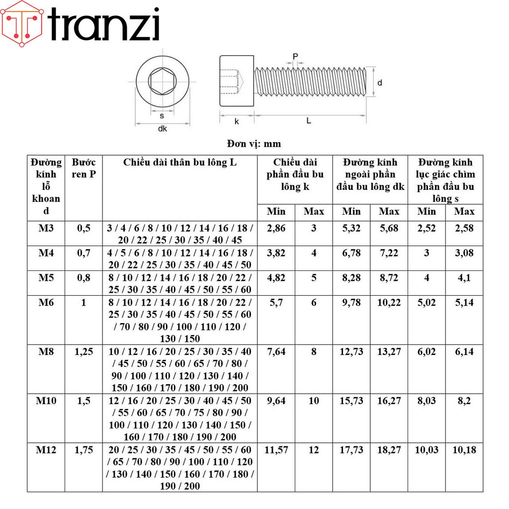 Bu lông lục giác chìm đầu trụ inox 304 M6