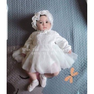 Body váy ren nơ dài tay kèm mũ cho bé từ đầy tháng - 12M