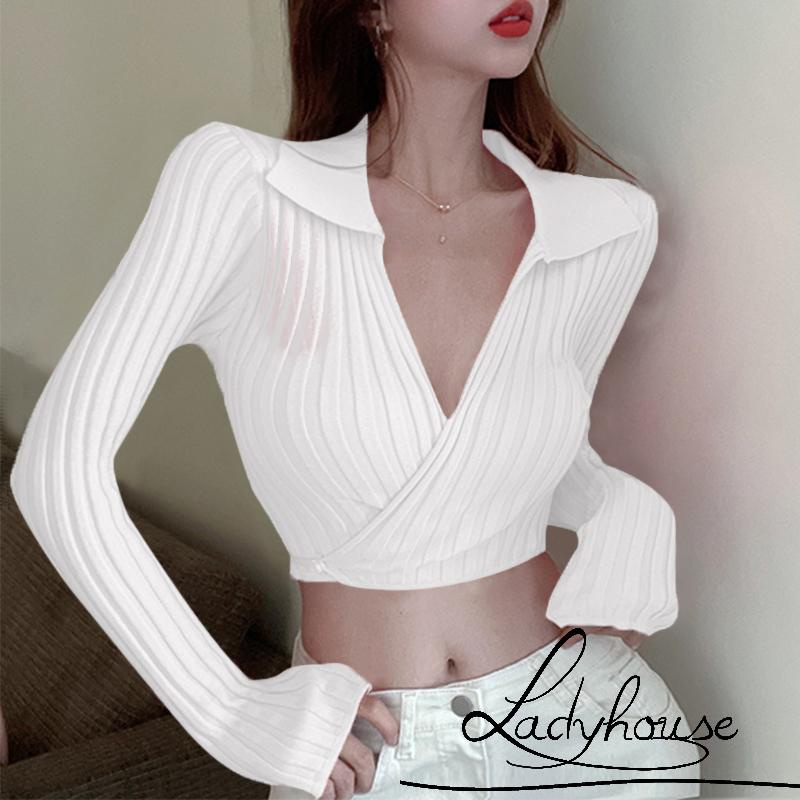 Áo Croptop Dệt Kim Tay Dài Cổ Chữ V Màu Trơn / Trắng / Mơ / Hồng Thời Trang Mùa Xuân