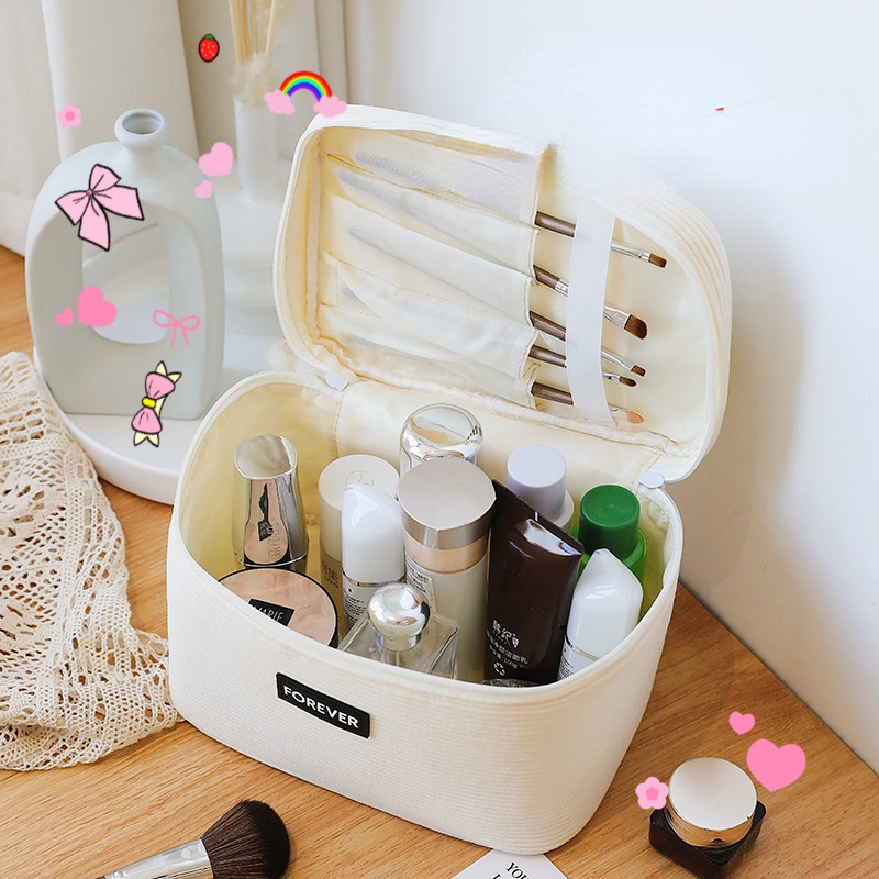 Túi Đựng Đồ Trang Điểm Chất Liệu Vải Nhung Kẻ Cao Cấp Hình Gấu Hoạt Hình