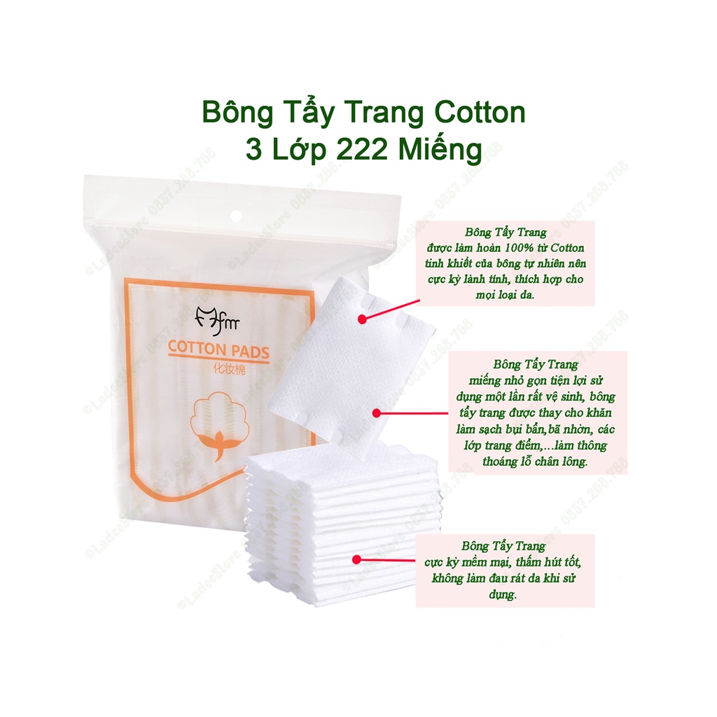 Bông Tẩy Trang 222 Miếng, Bông Trang Điểm 3 Lớp, Cotton Pads, Tẩy Trang Sạch Da