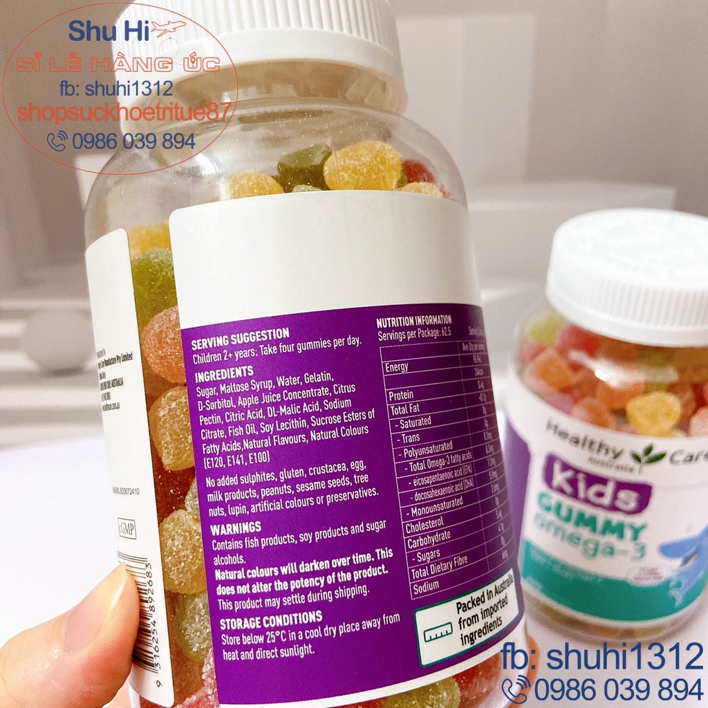 Kẹo gum mềm omega 3 cho bé từ 2 tuổi healthy care kids gummy omega 3 250 viên úc, giúp bé sáng mắt, thông minh
