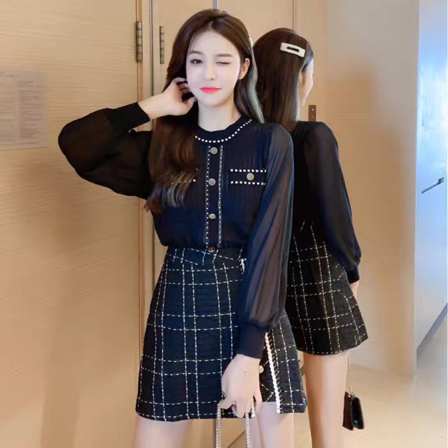 (Ảnh thật) set chân váy dạ tweed và áo len dệt kim viền chỉ phối nút cổ tròn tay dài công sở đi chơi đi học đi làm