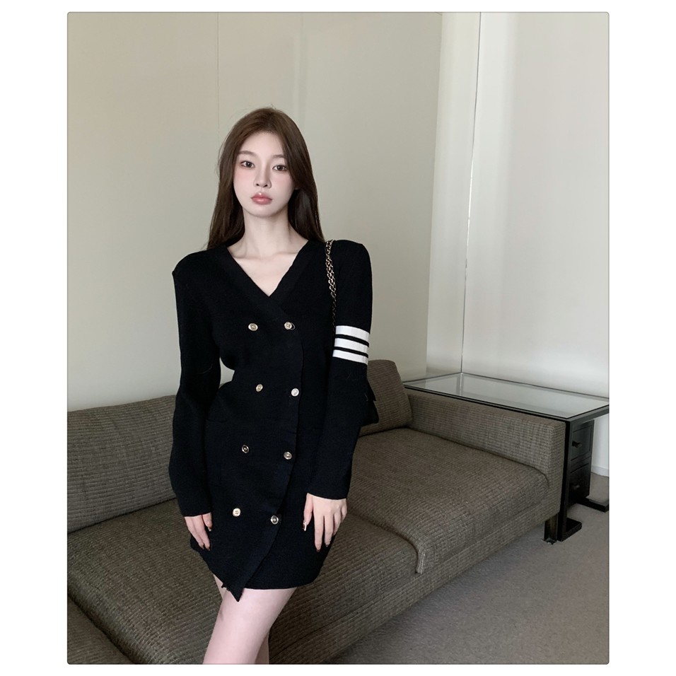 Đầm len dài tay kẻ sọc phong cách tiểu thư thanh lịch sang trọng hàng Quảng Châu đầu mùa thu mới 2021
