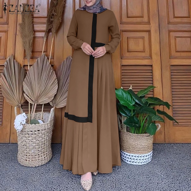 Đầm maxi  ZANZEA tay dài màu trơn phong cách vintage cho phụ nữ Hồi giáo