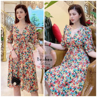 [Ảnh thật] Đầm hoa rút ngực cổ v tay nhúng phồng vintage