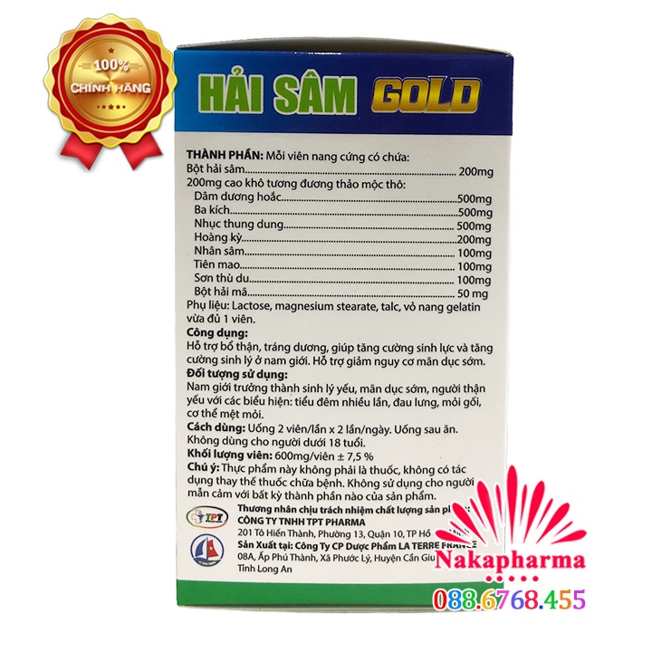 Hải Sâm Gold  – Giúp tăng khả năng sinh lý, ngừa thận yếu thận hư, giảm tiểu đêm, đau lưng mỏi gối