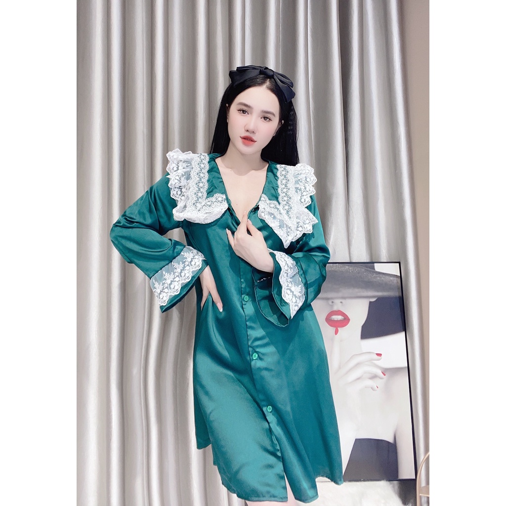 Đầm ngủ sơ mi lụa satin bigsize váy ngủ nữ cổ phối ren bèo dễ thương.
