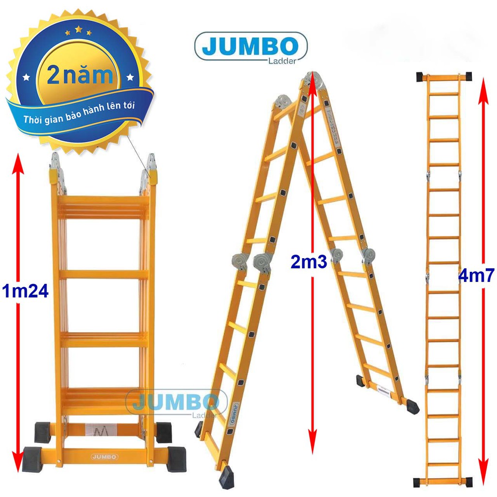 Thang nhôm gấp 4 đoạn đa năng JUMBO B304 (Chữ A 2,26m duỗi thẳng 4,7m)