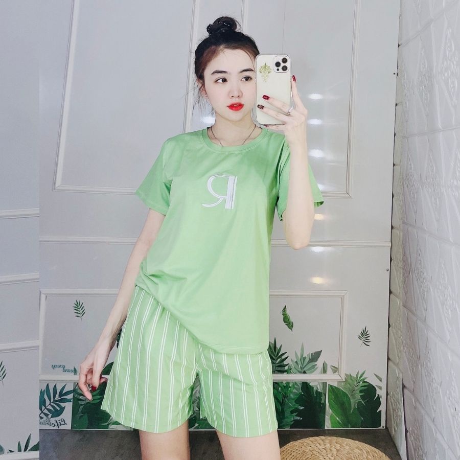 Đồ bộ nữ thun cotton co giãn thể thao bigsize dễ thương Đồ mặc nhà nữ đẹp Sét đồ bộ nữ quần đùi sọc chữ thêu ESHOP AD13