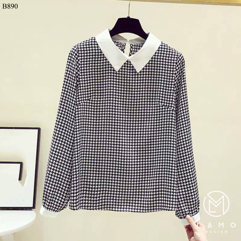Áo sơ mi công sở nữ đẹp kiểu hàn quốc họa tiết manngo cổ phối trắng LAMO-B890 | BigBuy360 - bigbuy360.vn