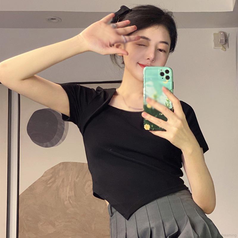 Áo croptop nữ ngắn tay lai chéo vai đắp Shynstores vải thun tăm co giãn hàng đẹp