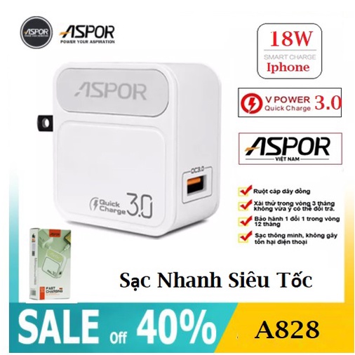 ⚡️18W - 3.0A⚡️Củ sạc nhanh ASPOR A828 - Quick charge 3.0 cho iphone samsung tự ngắt Dock sạc nhanh cho thiết bị điện tử