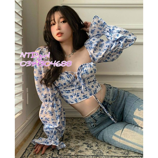 Áo kiểu nữ croptop tay phồng bo thun ngực, áo voan lụa hở vai sành điệu - KCH