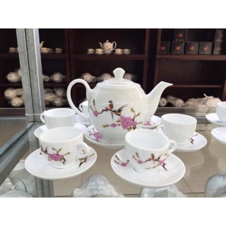 Bộ ấm chén vẽ chim đào sứ thấu quang Bát Tràng