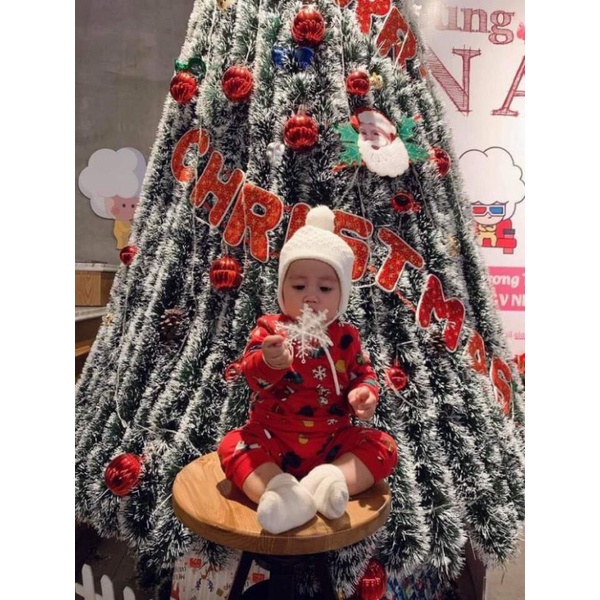 Set bộ bé unisex nỉ da cá H&M KIDS xuất xịn lót bông tay dài cổ tròn quần dài lưng thun hoạ tiết giáng sinh đỏ