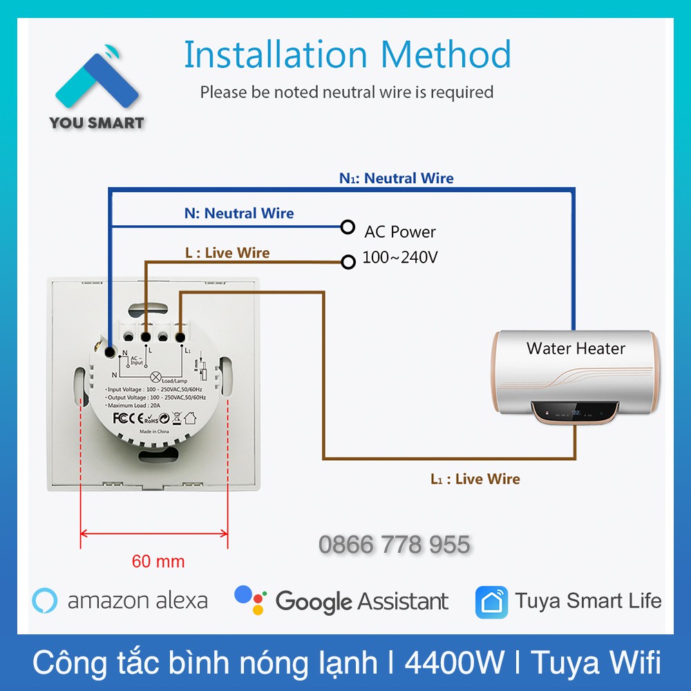 Công tắc 20A bình nóng lạnh Tuya công suất cao 4400W (Vuông EU)