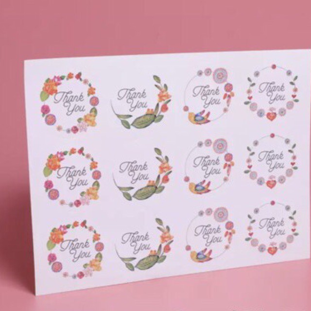 Tem dán, sticker hoa lá kèm chữ thank you (12 tem)