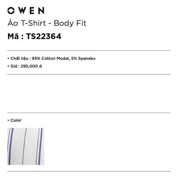 Áo Thun Nam Tay Ngắn Không Cổ Owen TS22364 Kiểu Dáng Body Fit Cổ Tròn Chất Liệu Cotton Màu Trắng Kẻ Sọc Xanh