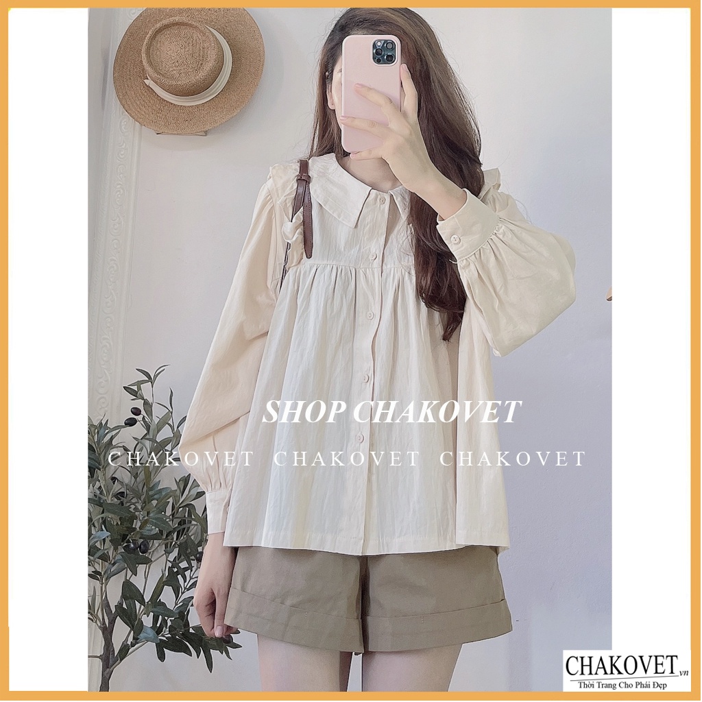 Áo sơ mi nữ dài tay form rộng CKA872, kiểu áo nữ cổ bẻ dáng babydoll trắng tiểu thư vai bèo mặc đi làm, đi học, đi chơi | BigBuy360 - bigbuy360.vn