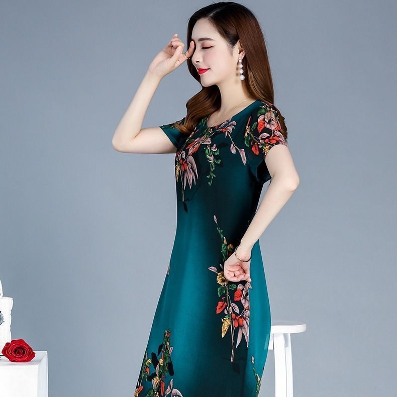 Đầm Tay Ngắn Dáng Ôm Vải Lụa Băng In Họa Tiết Cổ Điển Thời Trang Mùa Xuân 2021 Cho Nữ Trung Niên