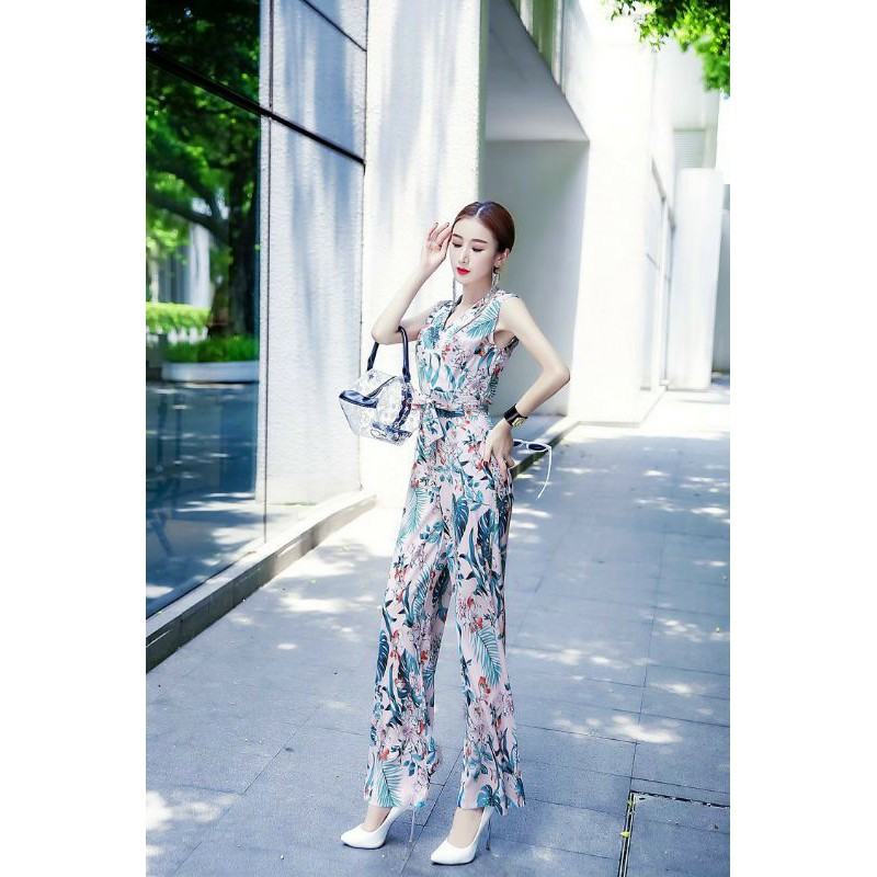 Hàng nhập - Jumpsuit dài lụa mịn in hoa lá, bộ jum ống suông không tay